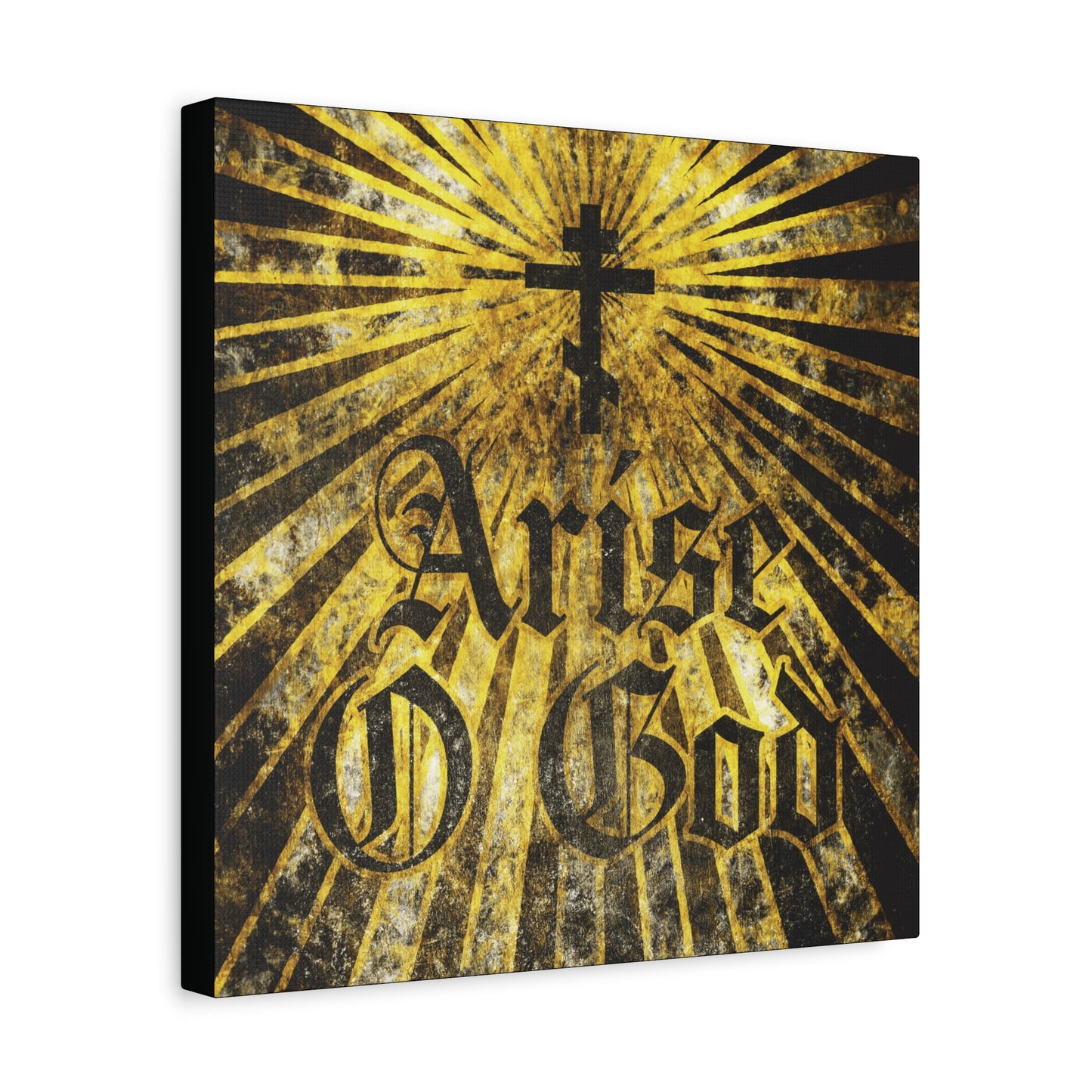 The "Arise O God | Psalm 81 (82 LXX)" wall art features bold gothic text, an Orthodox cross, and golden rays on a textured dark background, reflecting the Divine Council worldview in Orthodox Christian tradition.