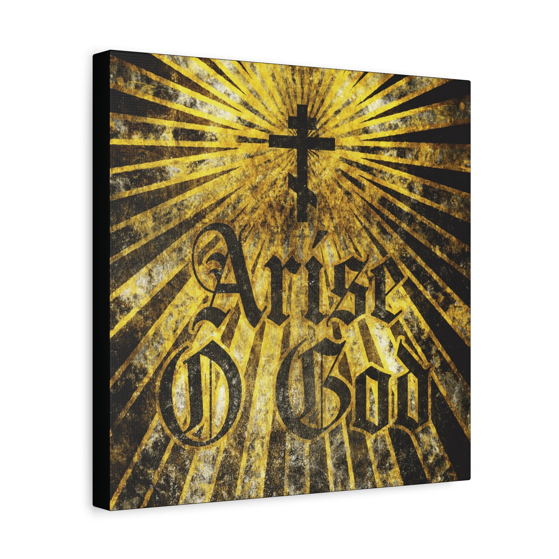 The "Arise O God | Psalm 81 (82 LXX)" wall art features bold gothic text, an Orthodox cross, and golden rays on a textured dark background, reflecting the Divine Council worldview in Orthodox Christian tradition.