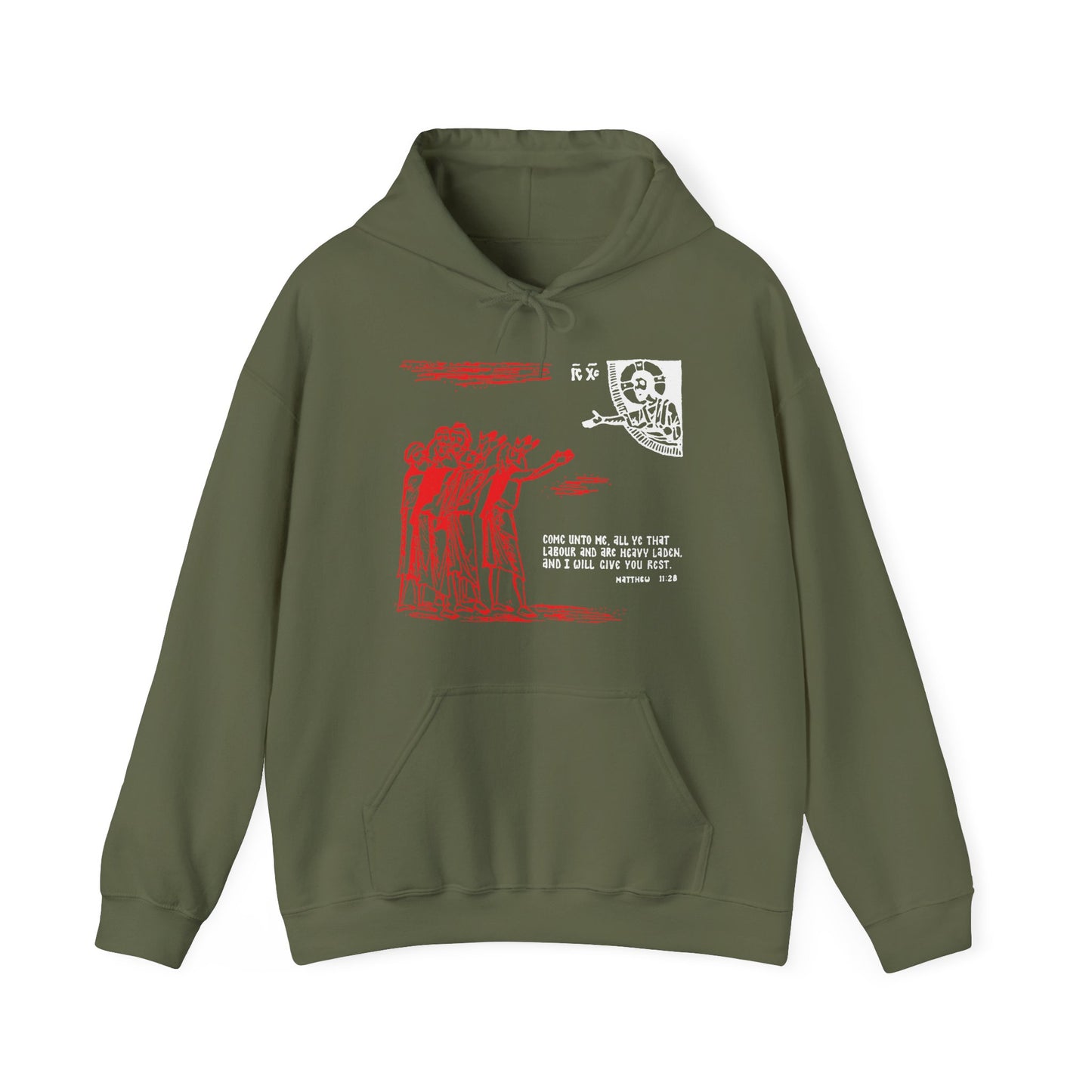 Military green Orthodox hoodie featuring icono-graphic art and the quote "Come Unto Me All Ye That Labour & Are Heavy Laden" (Matt. 11:28) on the front, inspired by St. Cyril of Alexandria’s teachings.