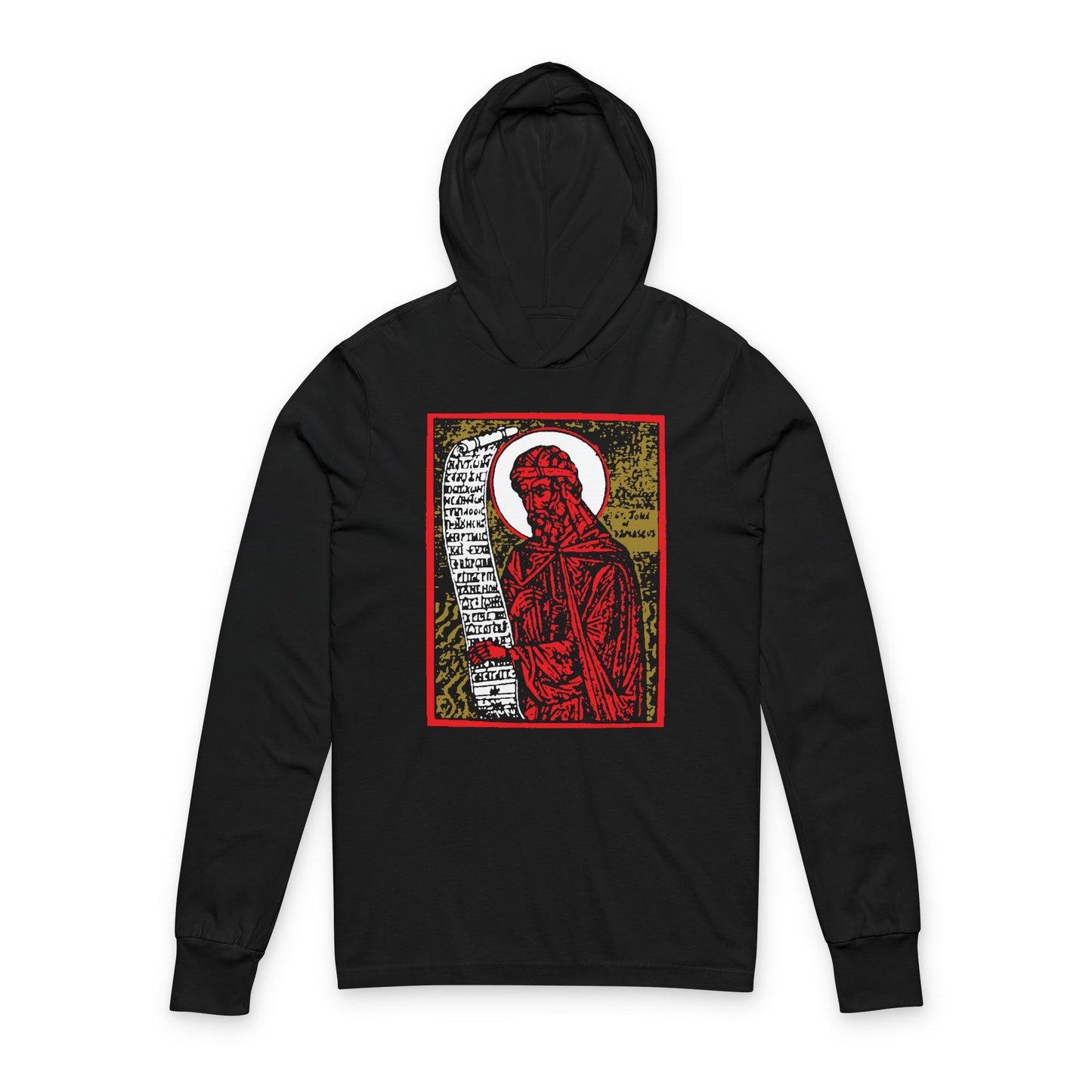 Black long-sleeve cotton hoodie featuring a high-contrast red and gold Orthodox Christian saint graphic with script inspired by St. John of Damascus funeral hymns on the front.