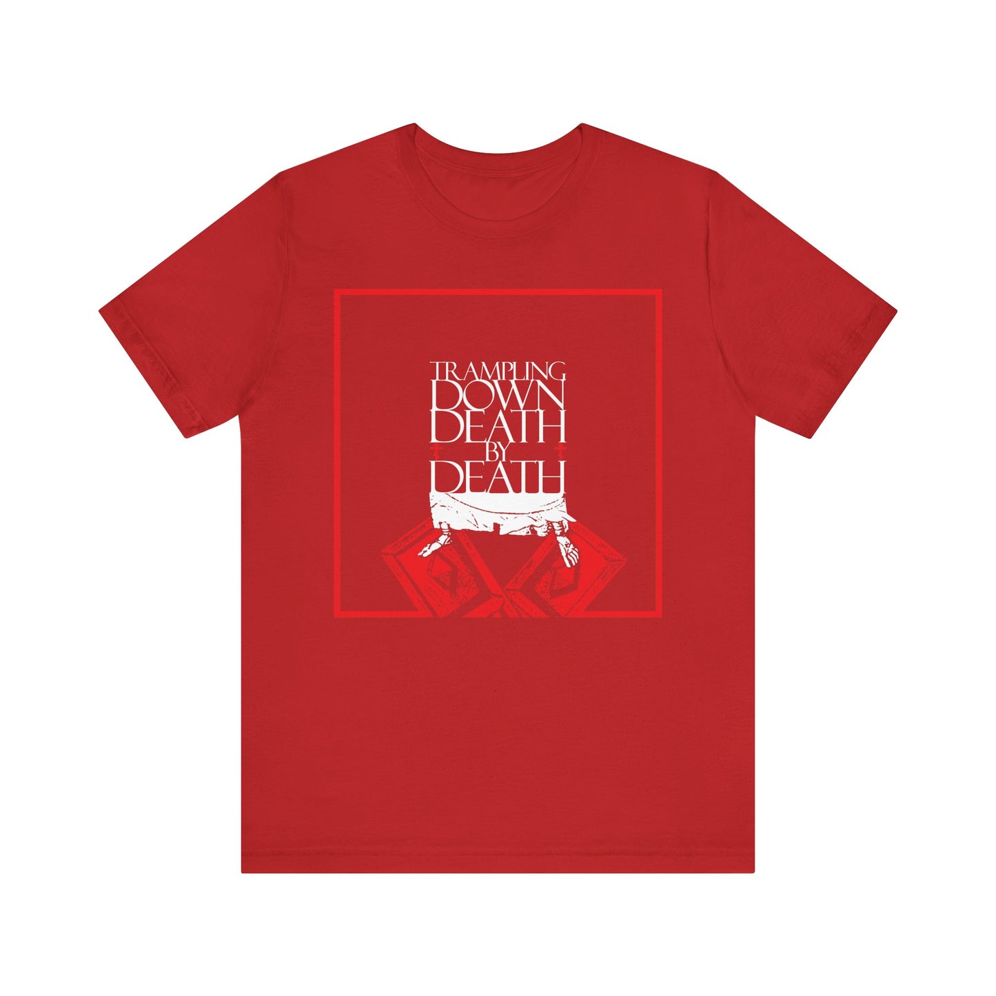 Red "Trampling Down Death By Death" Orthodox tee features white text above an abstract iconographic design of Jesus’ feet on the Gates of Hades, symbolizing resurrection and eternal life. Lightweight cotton, unisex fit.