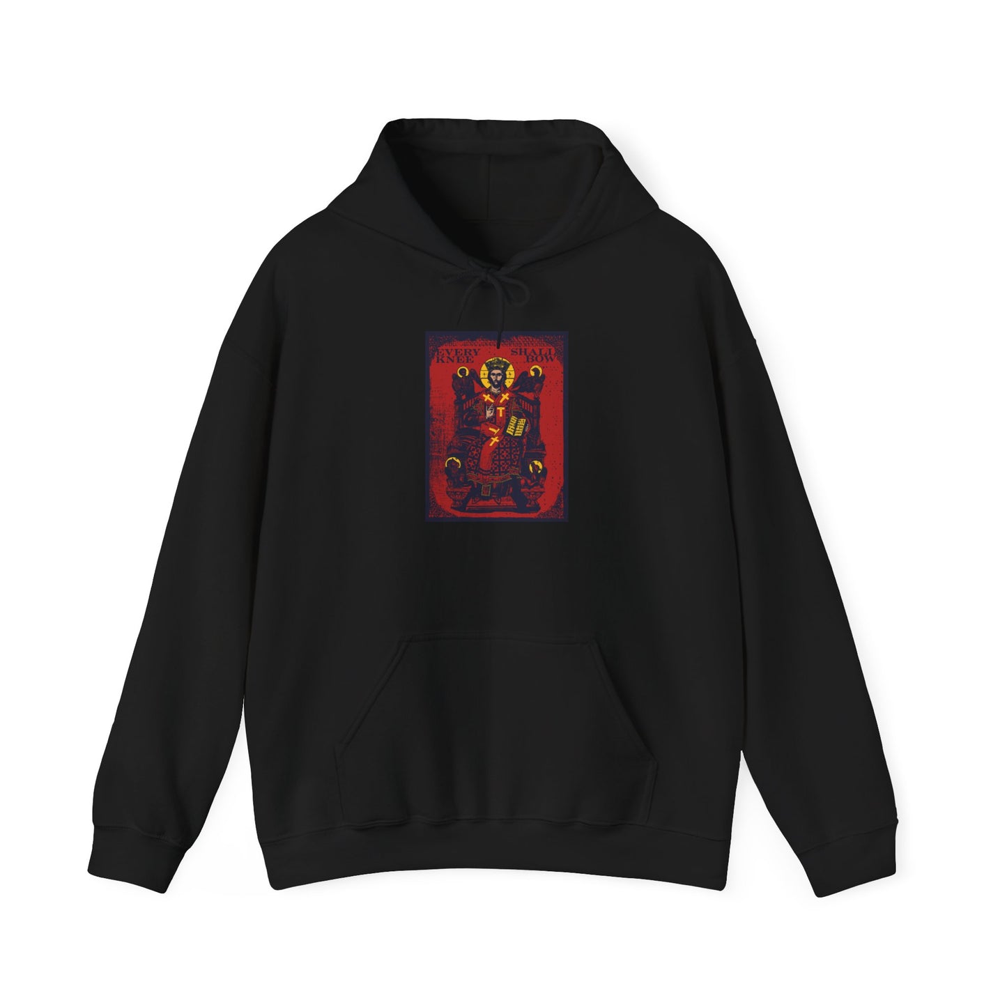 Black “Every Knee Shall Bow” Orthodox hoodie featuring vibrant, stylized artwork inspired by Christ Enthroned with the 4 Living Creatures from Ezekiel’s Chariot, referencing Philippians 2:8-11 and Isaiah 45:23, on the front.