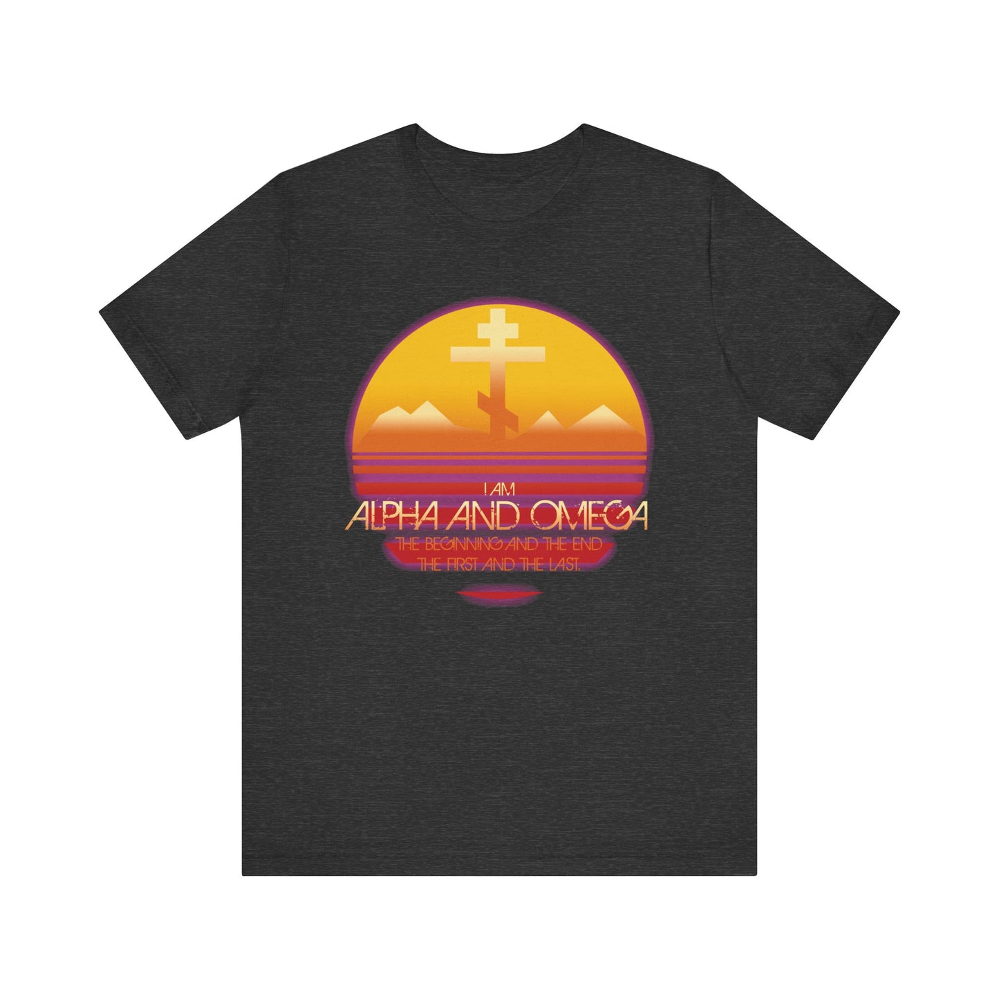Dark Grey Heather unisex tee with an Orthodox cross, mountains, 80s sunset, and "Alpha & Omega: Beginning & End" (Rev 22:13). Features “bright morning star” to celebrate enduring faith. Lightweight cotton for comfort.
