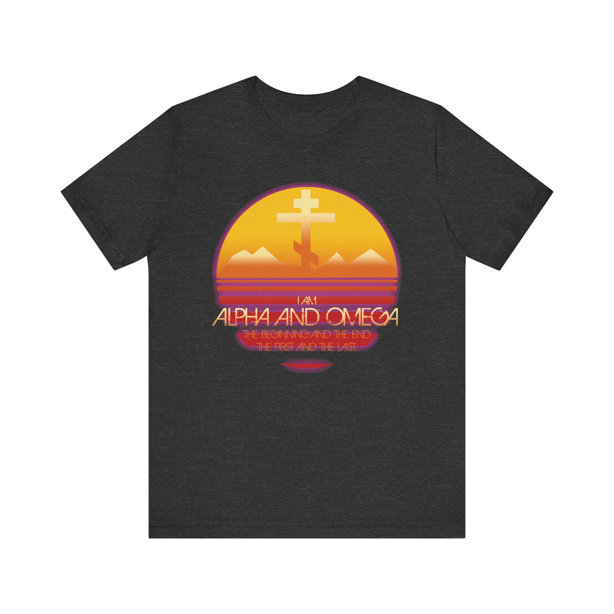 Dark Grey Heather unisex tee with an Orthodox cross, mountains, 80s sunset, and "Alpha & Omega: Beginning & End" (Rev 22:13). Features “bright morning star” to celebrate enduring faith. Lightweight cotton for comfort.
