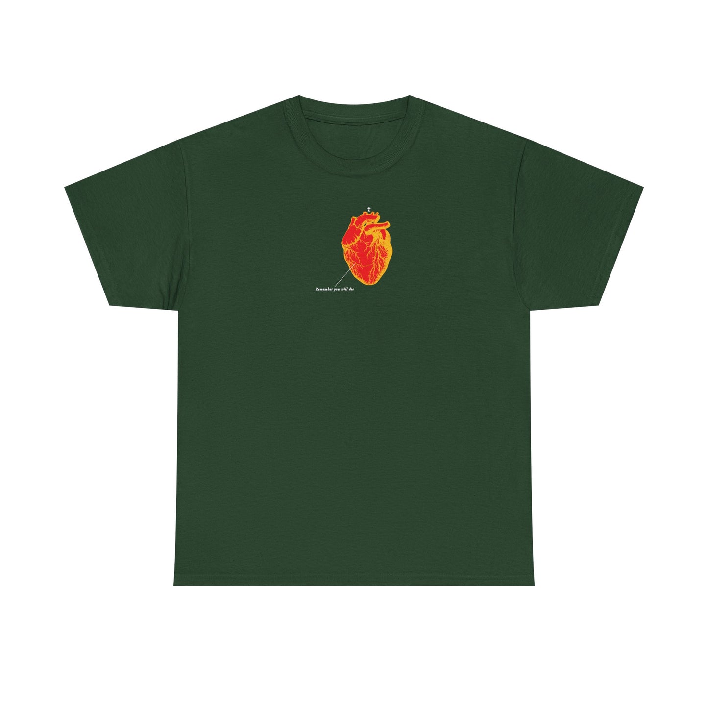 Forest green unisex tee featuring an antique medical textbook heart design in red and orange, with "Remember You Will Die" memento mori theme. Midweight cotton, Christian-inspired style.