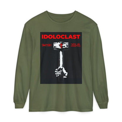 Hemp-colored long sleeve featuring Jesus’ fist with a sledgehammer and “Smash Your Passions”—the Idoloclast Idol-Smasher design inspired by Christian asceticism and Orthodox faith.