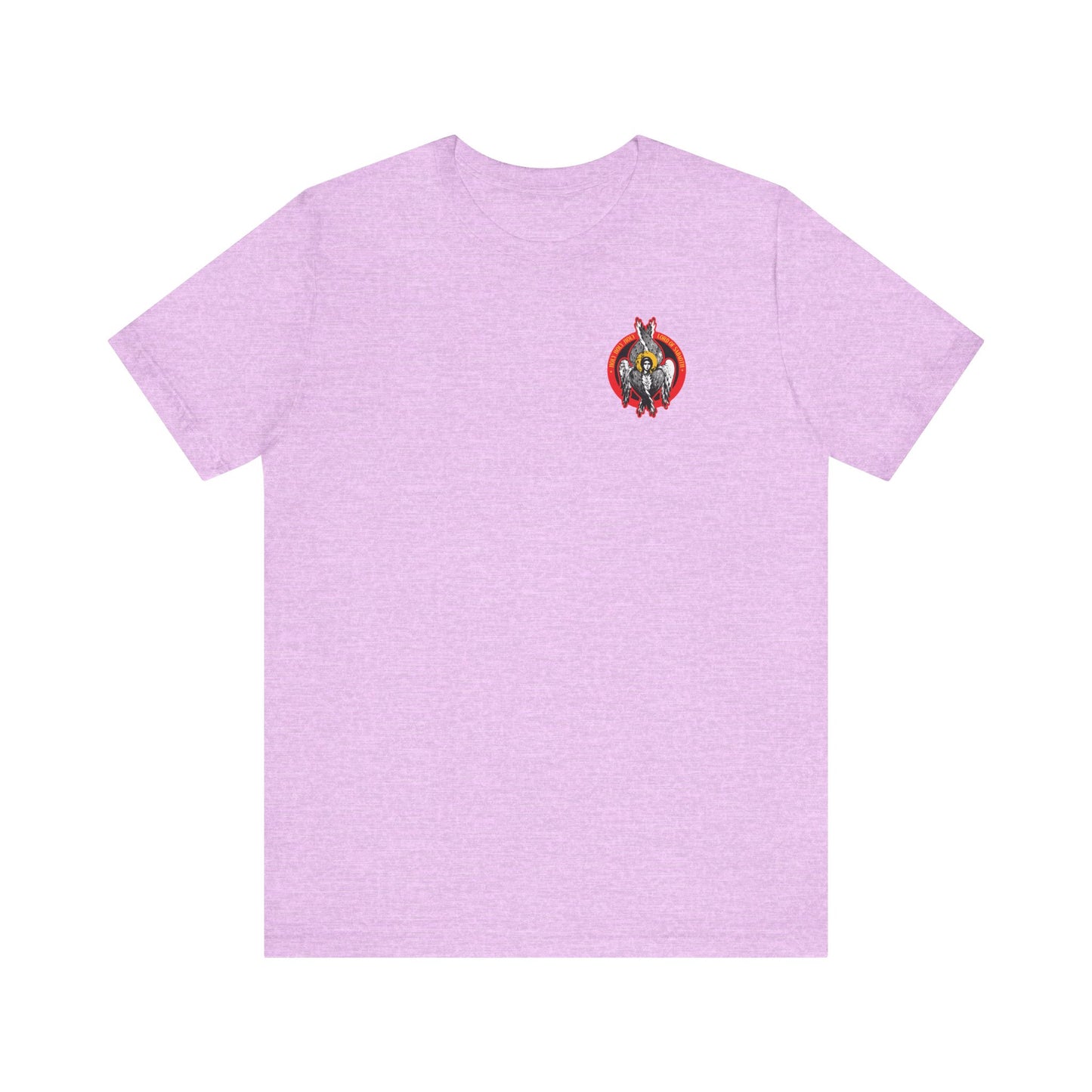 Heather Prism Lilac t-shirt with a small “Holy Holy Holy Seraphim Angel Icono-Graphic,” inspired by heavenly hosts and the Divine Council, printed on lightweight cotton for a unisex fit.