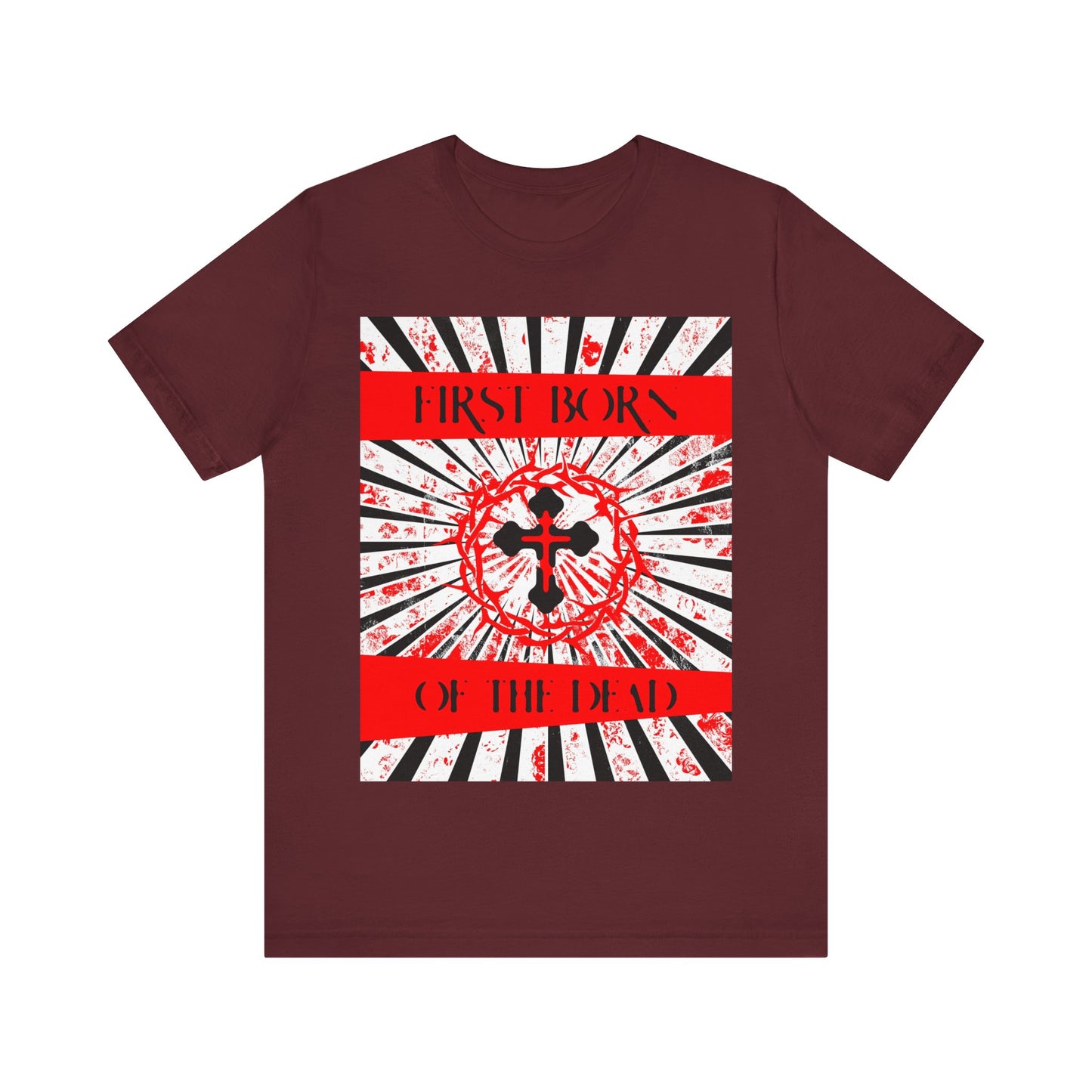 First Born of the Dead | Orthodox Cross and Crown of Thorns | Red White and Black Textured Design with Rays | Orthodox Christian Cotton T-Shirt