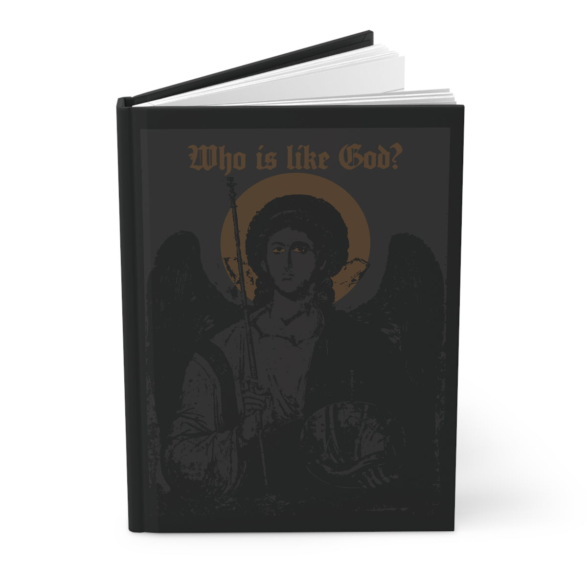 A black and bronze hardcover journal titled “Who Is Like God? Archangel Michael Icono-Graphic w/ Cross on Front Left Breast” features a striking dark angel illustration on the cover, capturing the powerful presence of Archangel Michael in Orthodox Christian tradition—a perfect choice for those seeking a goth Christian design.