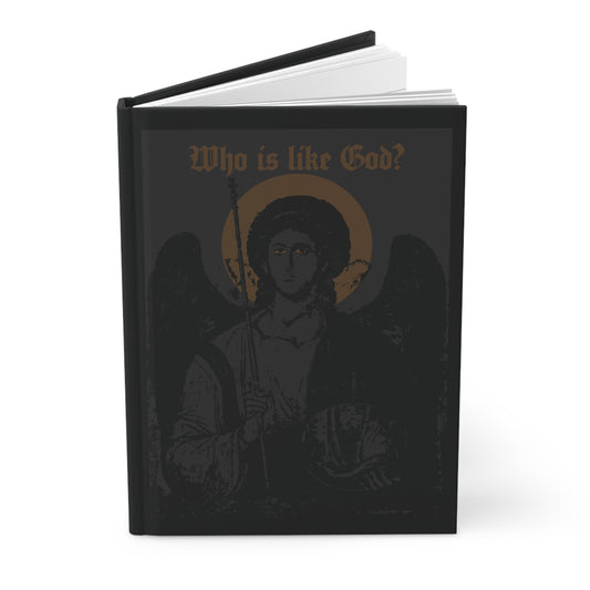 A black and bronze hardcover journal titled “Who Is Like God? Archangel Michael Icono-Graphic w/ Cross on Front Left Breast” features a striking dark angel illustration on the cover, capturing the powerful presence of Archangel Michael in Orthodox Christian tradition—a perfect choice for those seeking a goth Christian design.