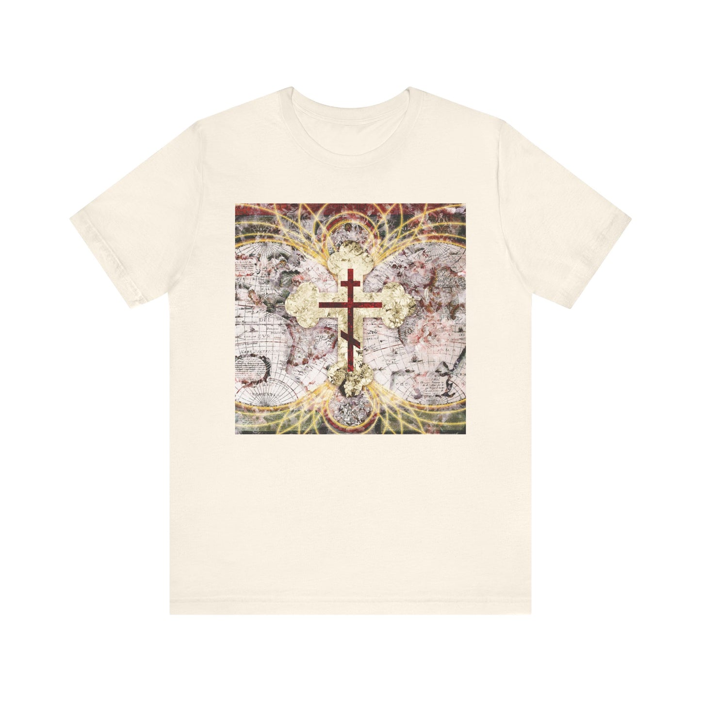 Natural unisex tee featuring a red Orthodox cross on an antique map with glowing magnetic lines, inspired by "Conqueror of Death." Lightweight cotton; perfect for expressing your Orthodox Christian faith.