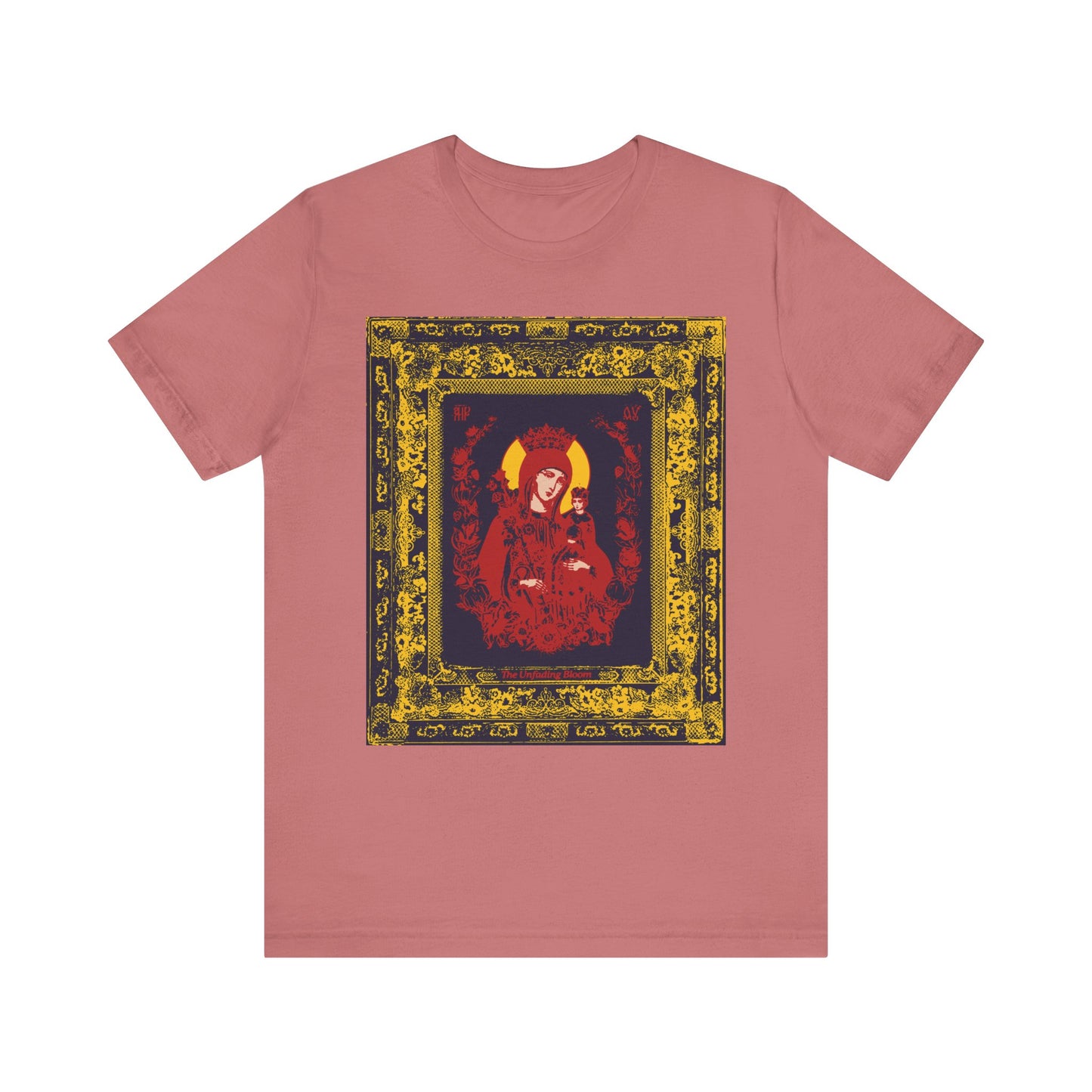 Unfading Bloom Ornate Theotokos Iconographic tee—a mauve, lightweight cotton unisex shirt featuring an icon-style image of Mary, the Mother of God: a crowned woman in red with a yellow halo and decorative border, inspired by Akathist hymns, symbolizing a fragrant flower of devotion.