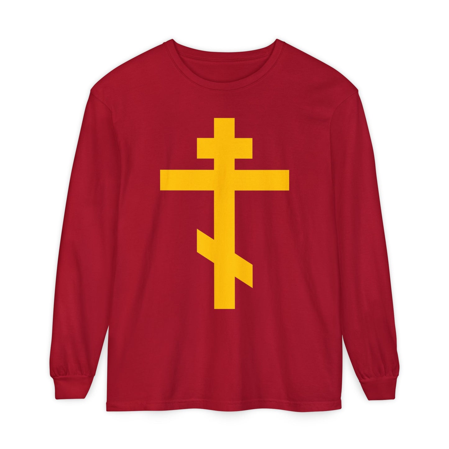 The "Yellow Orthodox Cross | Precious and Life-Giving Weapon of Unseen Warfare" red cotton long-sleeve shirt features a bold yellow cross, symbolizing the Christian call to spiritual victory—Scourge of Demons, inspired by Galatians 2:20.