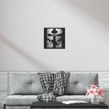 A gray sofa with a plaid blanket, book, and pink flowers sits below the "Whose Kingdom Shall Have No End" Nicene Creed Orthodox art poster, creating a unique space to reflect on Christian faith.
