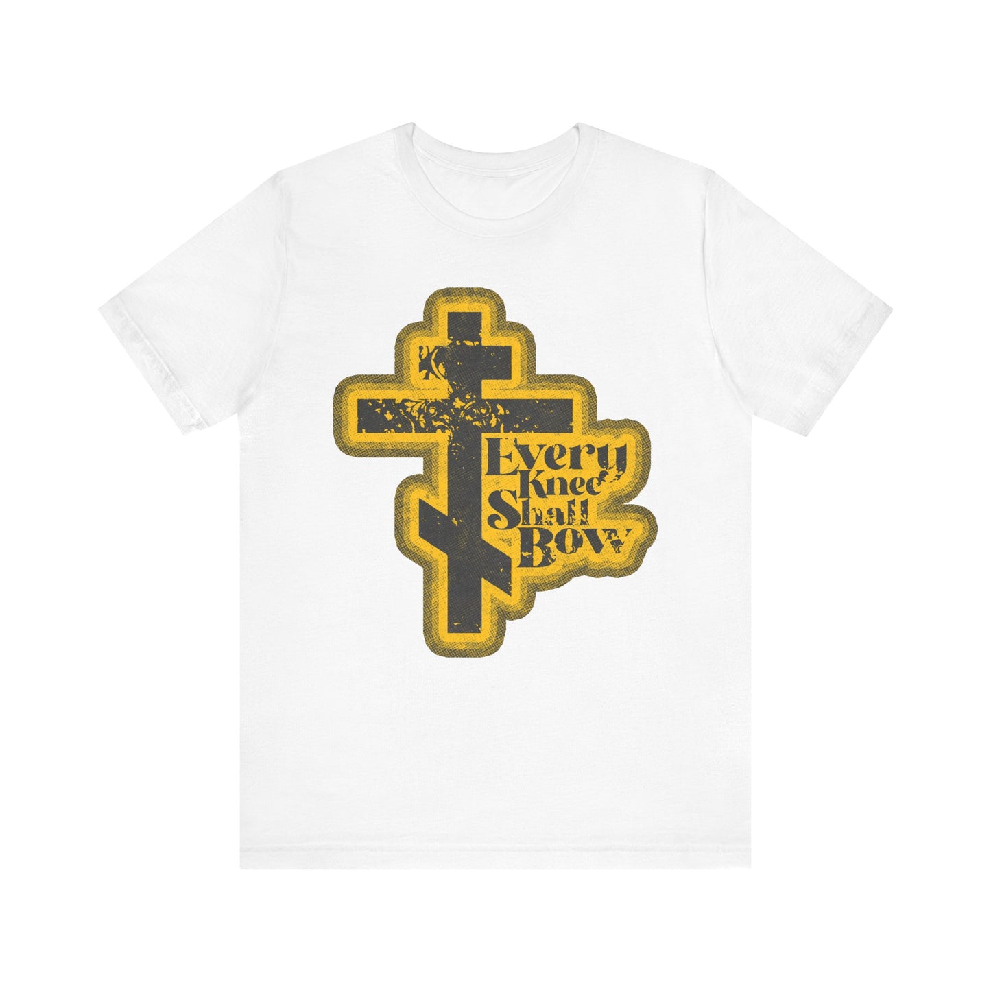 White "Every Knee Shall Bow" unisex tee with yellow and black cross, 70s distressed halftone comic book style, Philippians 2:10-11 & Isaiah 45:23 references; lightweight cotton. Boldly proclaims Jesus Christ is Lord.