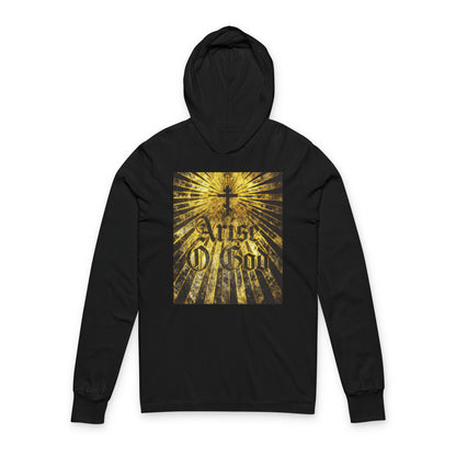 Black "Arise O God" hoodie with textured Gothic font, Orthodox cross, and golden rays; features Psalm 81 (82 LXX) and Divine Council Worldview on soft, black fabric—an Orthodox Christian hooded shirt.
