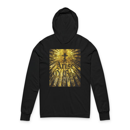 Black "Arise O God" hoodie with textured Gothic font, Orthodox cross, and golden rays; features Psalm 81 (82 LXX) and Divine Council Worldview on soft, black fabric—an Orthodox Christian hooded shirt.