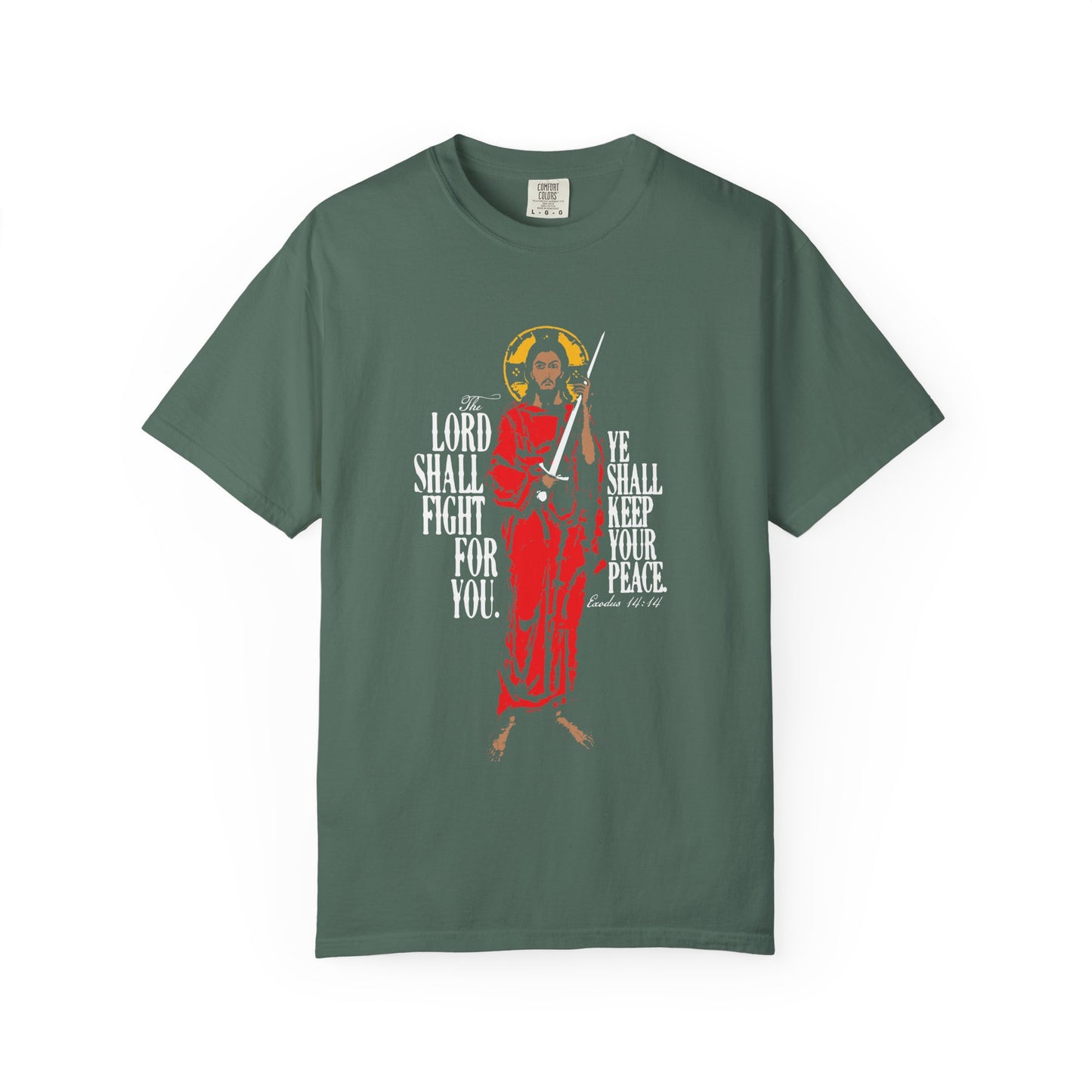 Blue Spruce heavyweight cotton tee featuring Jesus Christ with sword, inspired by Exodus 14:14. "The Lord shall fight for you..." Orthodox unisex graphic design.