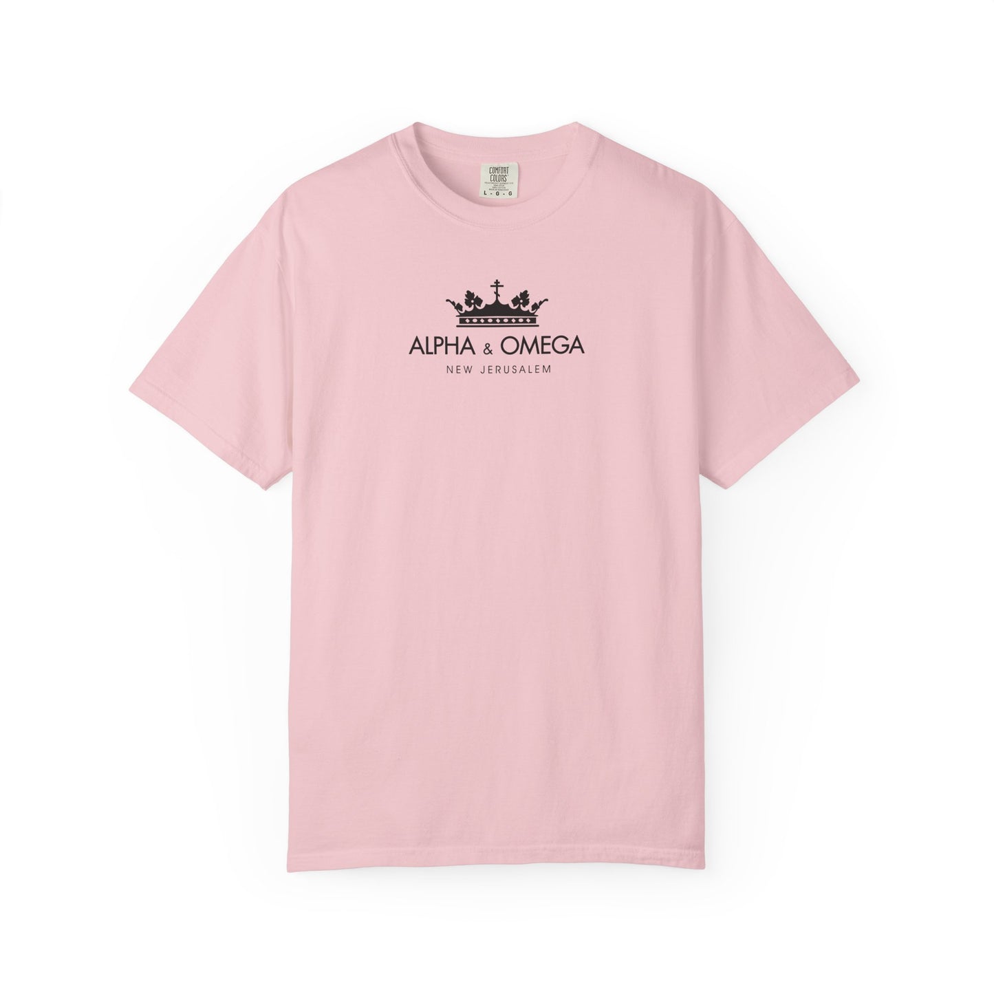 Blossom-colored “Alpha & Omega New Jerusalem Crown with Orthodox Cross” heavyweight cotton unisex T-shirt featuring a black crown graphic and the text ALPHA & OMEGA NEW JERUSALEM on the front, inspired by the mystical symbolism of Alpha and Omega as representations of Christ in Revelation.