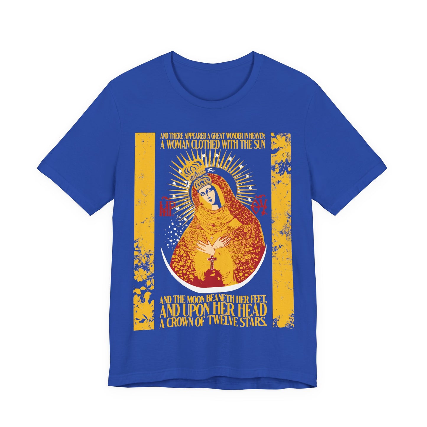 Our Lady the Gate of Dawn | Woman of the Apocalypse Rev 12:1 | Theotokos Gold Floral Texture Design | Orthodox Christian Cotton T-Shirt