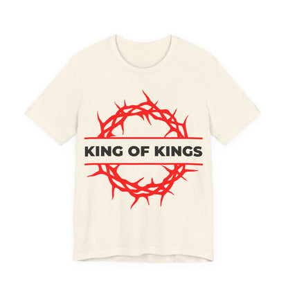 Natural unisex cotton tee, King of Kings Crown of Thorns design, bold KING OF KINGS text, inspired by Revelation 19:16—Christ as King of Glory. Orthodox Christian apparel.