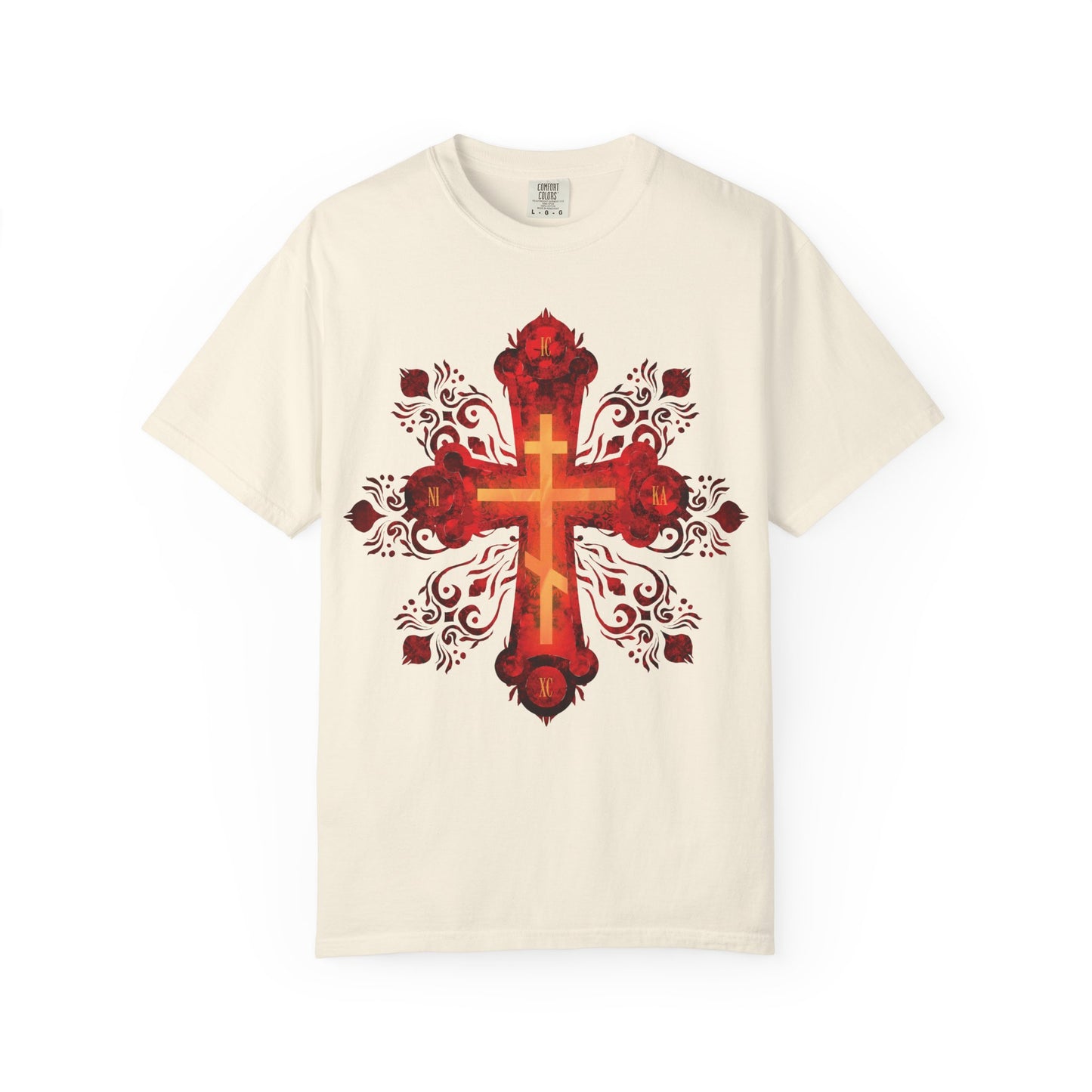 Ivory heavyweight cotton unisex tee featuring a large, ornate red and gold Russian style Orthodox cross with intricate floral accents on the front, inspired by the devotion of a Christian warrior to their heavenly homeland.