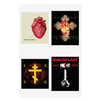 Bestseller Mix No. 2 Four Orthodox Stickers: hearts, crosses & bold, dark-themed graphic designs.