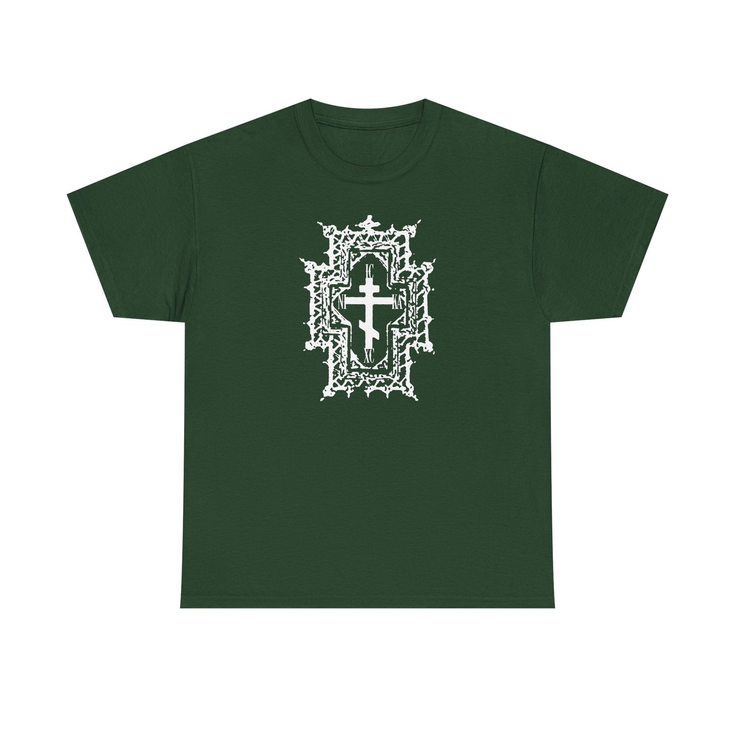 Forest green heavy cotton t-shirt featuring a Gothic cathedral style Orthodox cross and "ICXC NIKA | Jesus Christ Conquers" design, symbolizing faith and healing by His wounds.