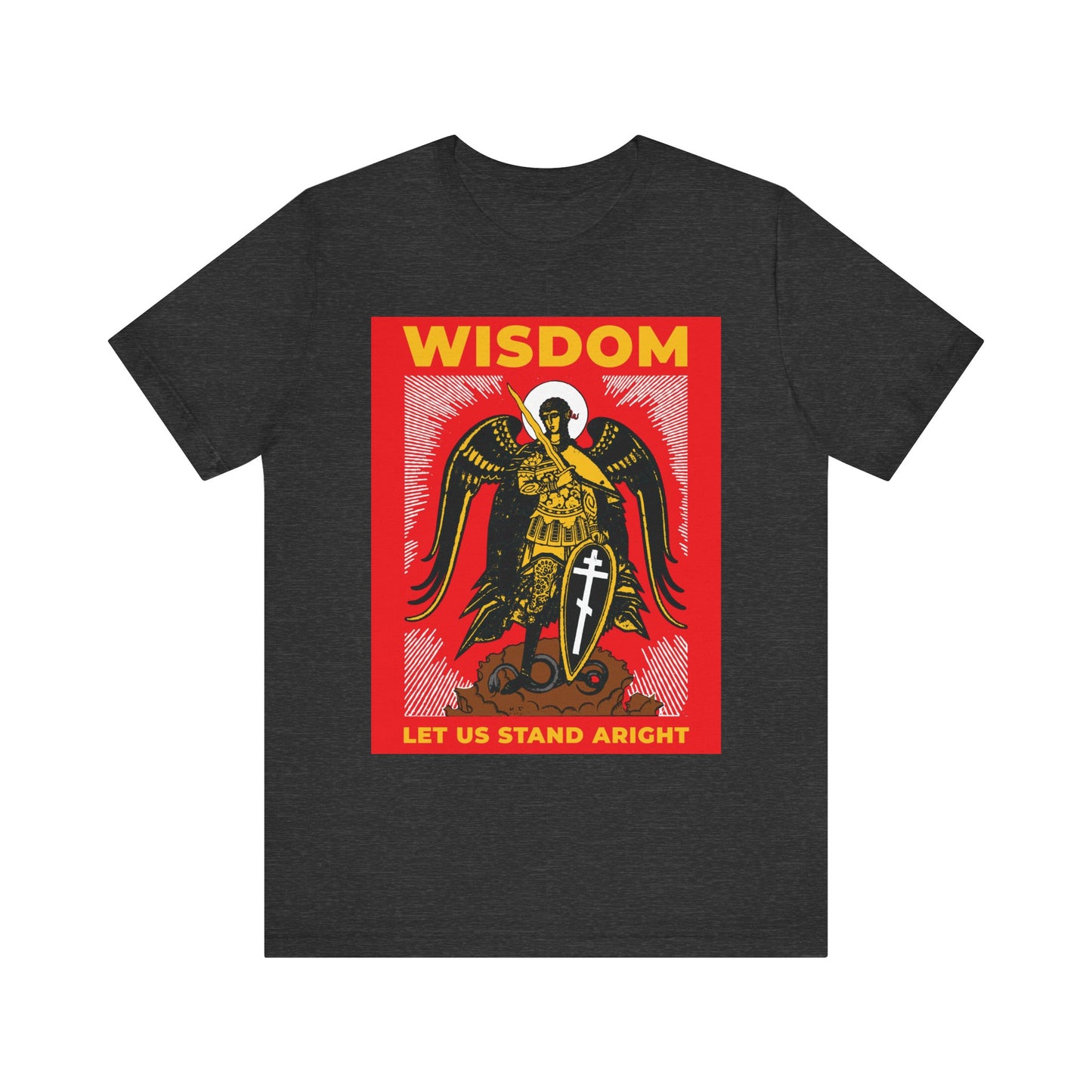 Dark Grey Heather unisex tee with Russian illustration of Archangel Michael the Warrior, shield and sword, and the phrase "Let Us Stand Aright"—a nod to Revelation 12 and Orthodox tradition. Lightweight cotton for comfort.