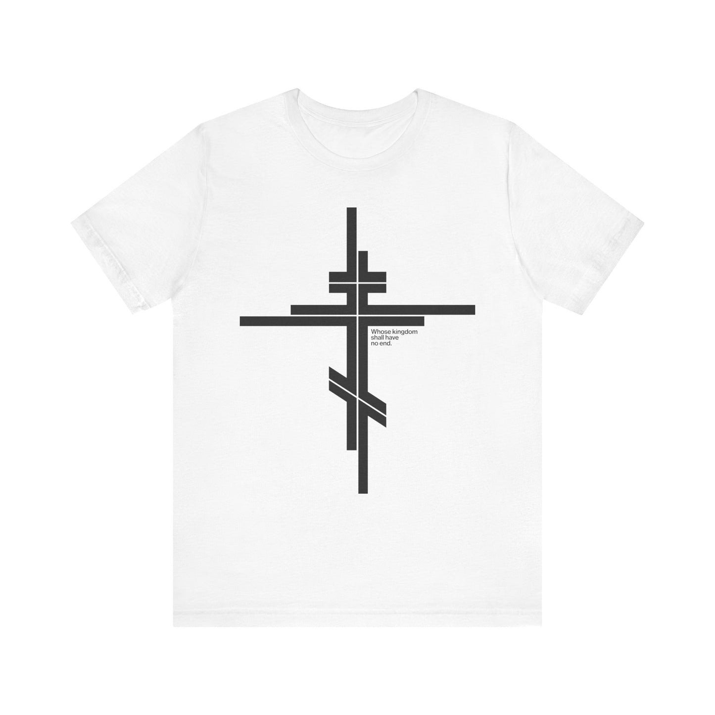 White lightweight cotton unisex t-shirt featuring a modernist minimalist Orthodox Cross logo and small "Whose Kingdom Shall Have No End" text on the front, inspired by Luke 1:32–33 and the enduring symbolism of Christ’s kingdom.