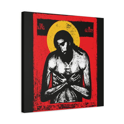 The King of Glory Jesus Christ "Extreme Humility" IconoGraphic features a stylized image with yellow halo, red background, and "The King of Glory" text—a powerful Christian devotional wall art inspired by Isaiah 53.