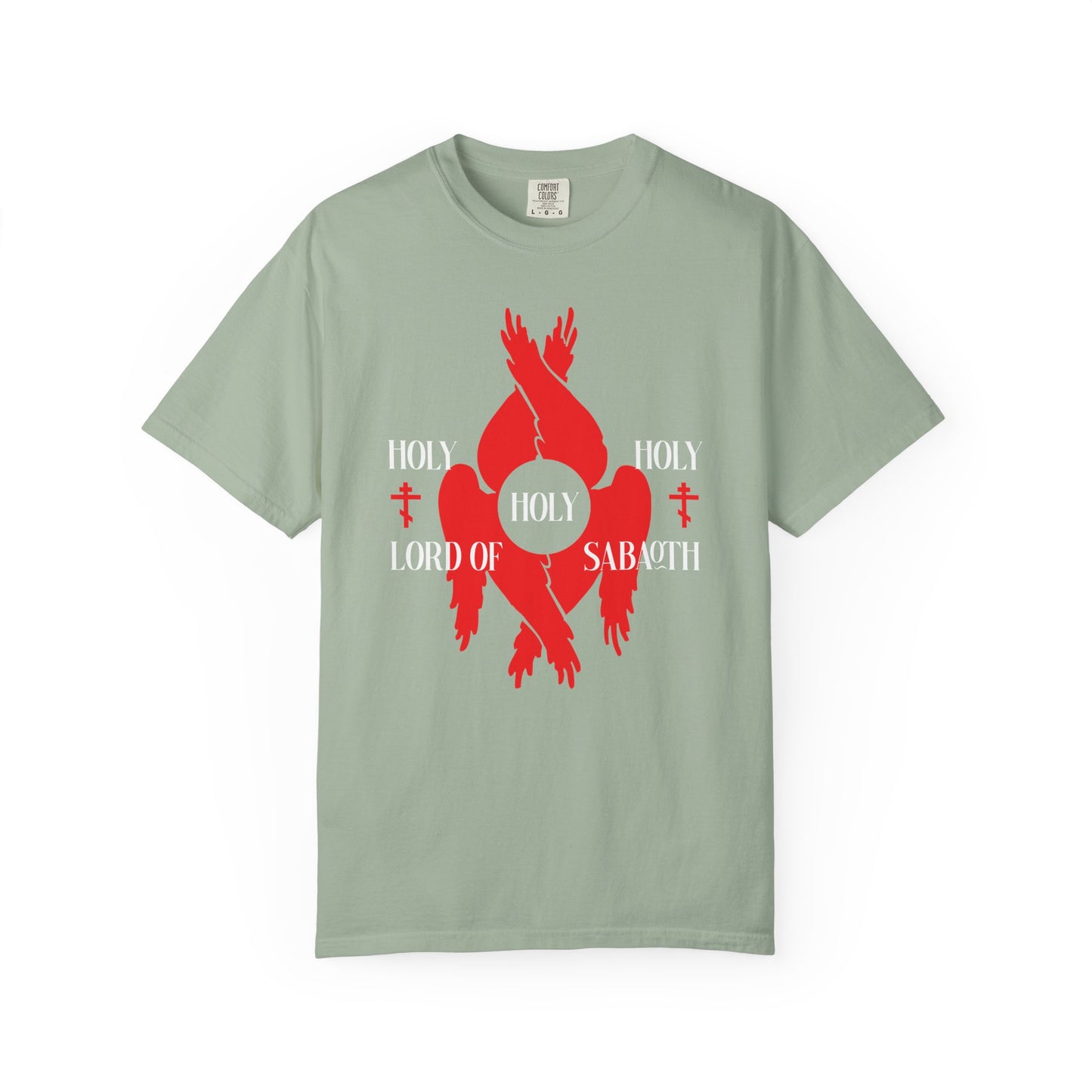 Bay heavyweight cotton unisex tee featuring a red seraphim wings graphic, white Orthodox crosses, and the phrase “Holy Holy Holy Lord of Sabaoth” from Isaiah 6:3. Inspired by the Divine Council.