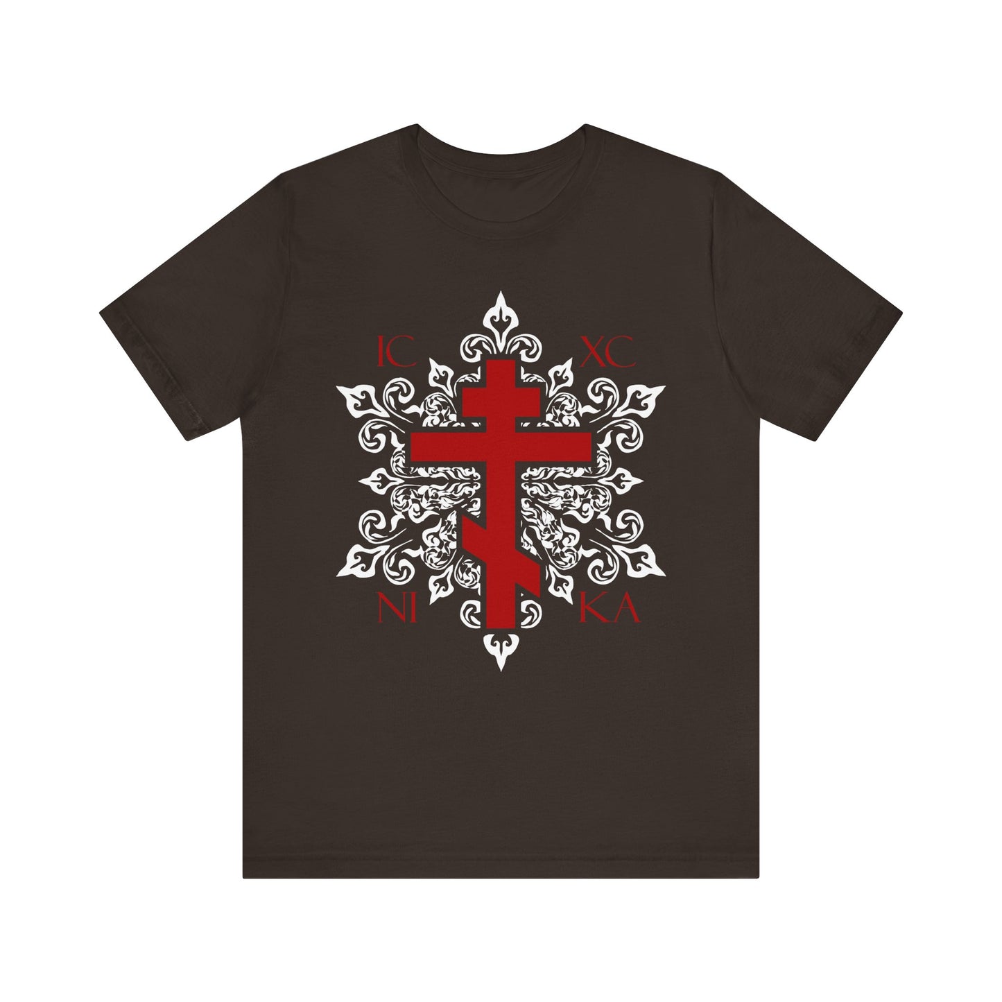 Brown T-shirt with an ornate white and red Orthodox cross featuring Greek letters ICXC NIKA around it; lightweight cotton unisex tee from the best-selling Medieval Floral series.