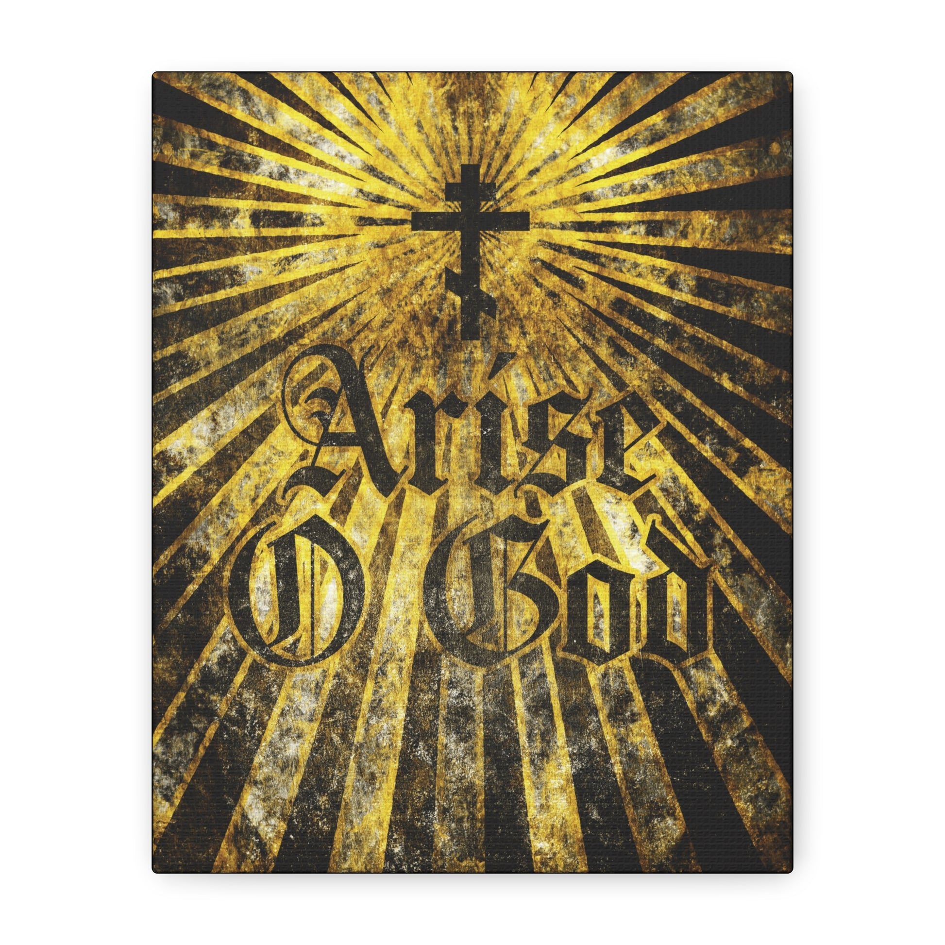 The "Arise O God | Psalm 81 (82 LXX)" wall art features an Orthodox cross with golden rays and bold textured Gothic font, inspired by the divine council worldview, set against a rich background for Orthodox Christian decor.