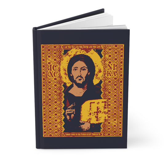 The "Jesus Christ Sinai Pantocrator IconoGraphic | ICXC NIKA | I am the Way John 14:6" Orthodox Christian Journal features a vibrant hardcover with an icon-style image of Christ in yellow, red, and blue ornate patterns.
