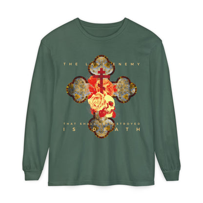 Remembrance of Death “The Final Enemy That Shall Be Destroyed Is Death (1 Cor 15:26)” Orthodox Christian long sleeve features a metallic gothic cross with a rose and skull, inspired by 1 Corinthians 15 and Christ’s victory over death.