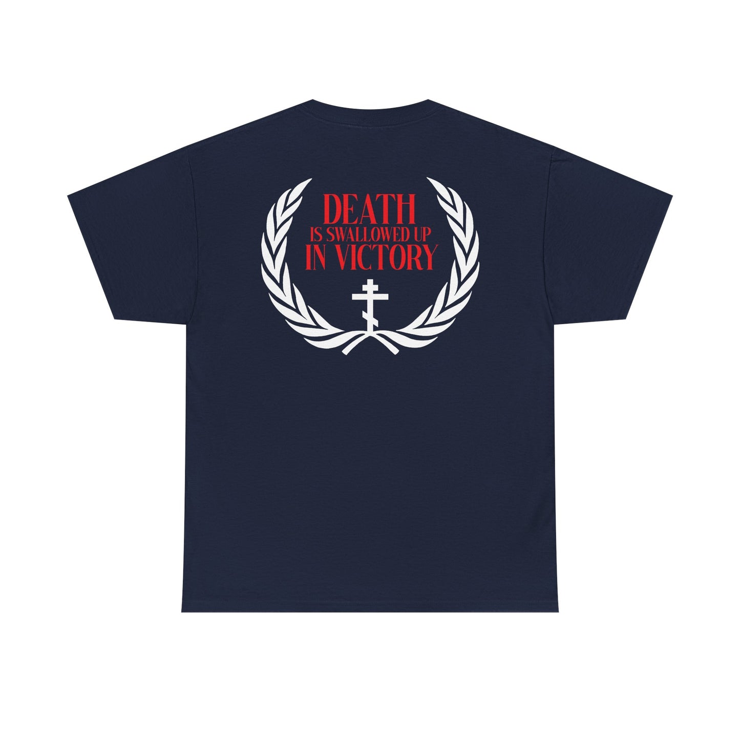 The Archangel Michael of the Apocalypse double-sided unisex tee features a laurel wreath, cross, and red text "Death is swallowed up in victory" on the back, inspired by Orthodox iconography. Midweight cotton.