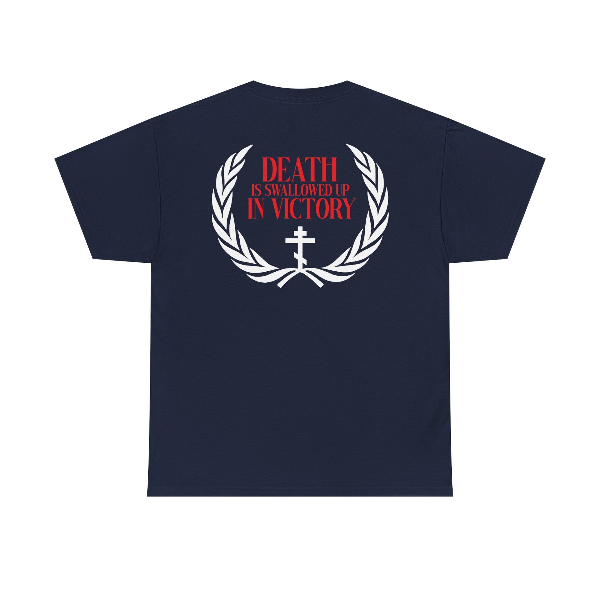 The Archangel Michael of the Apocalypse double-sided unisex tee features a laurel wreath, cross, and red text "Death is swallowed up in victory" on the back, inspired by Orthodox iconography. Midweight cotton.