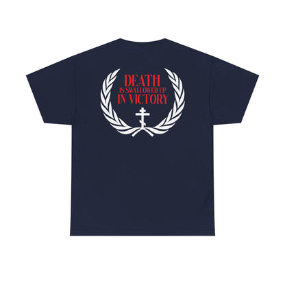 The Archangel Michael of the Apocalypse double-sided unisex tee features a laurel wreath, cross, and red text "Death is swallowed up in victory" on the back, inspired by Orthodox iconography. Midweight cotton.
