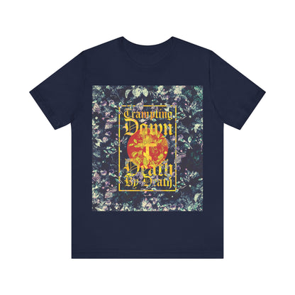 Trampling Down Death By Death | Paschal Floral Design with Gothic Script and Three-Bar Cross | Orthodox Christian T-Shirt