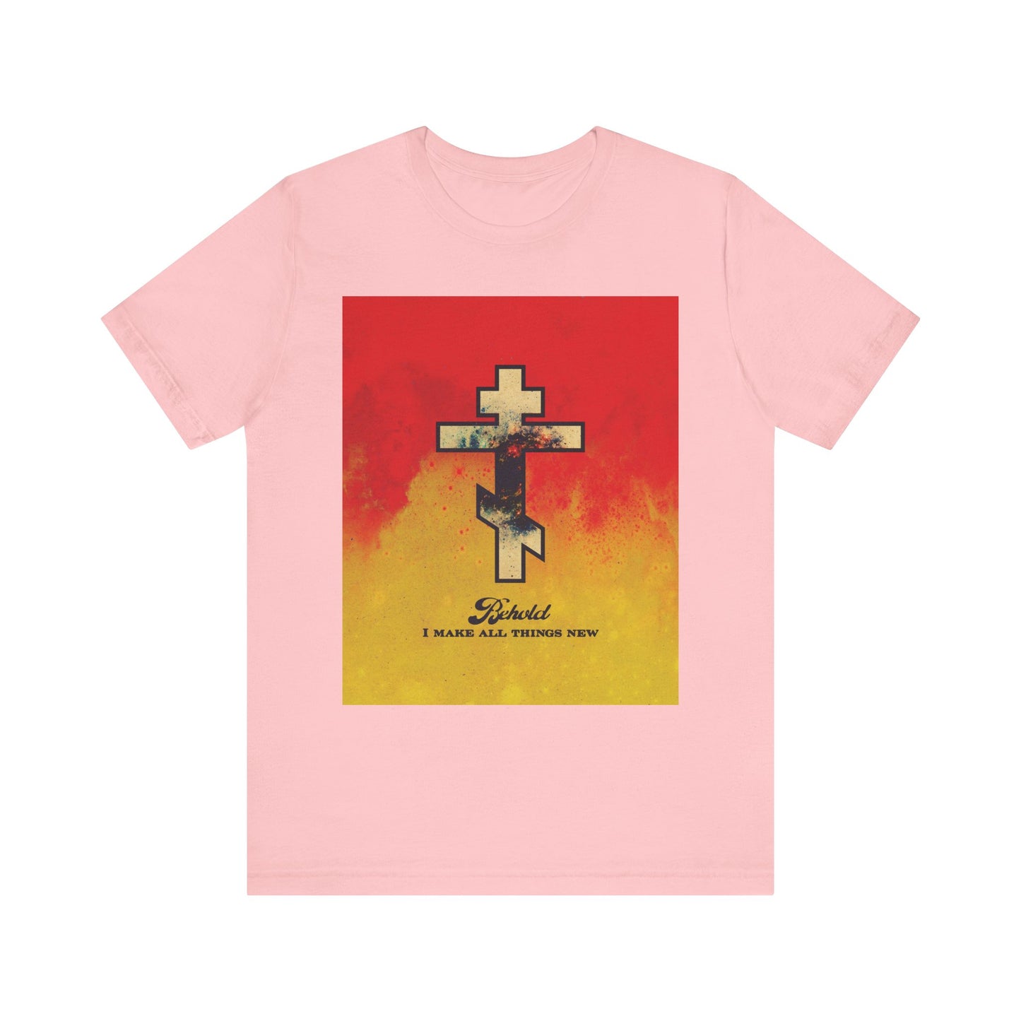 Pink "Behold, I Make All Things New (Rev 21:5)" tee featuring a cosmic Orthodox cross on a red and yellow background. Lightweight unisex cotton shirt inspired by biblical themes of the new heavens and new earth.