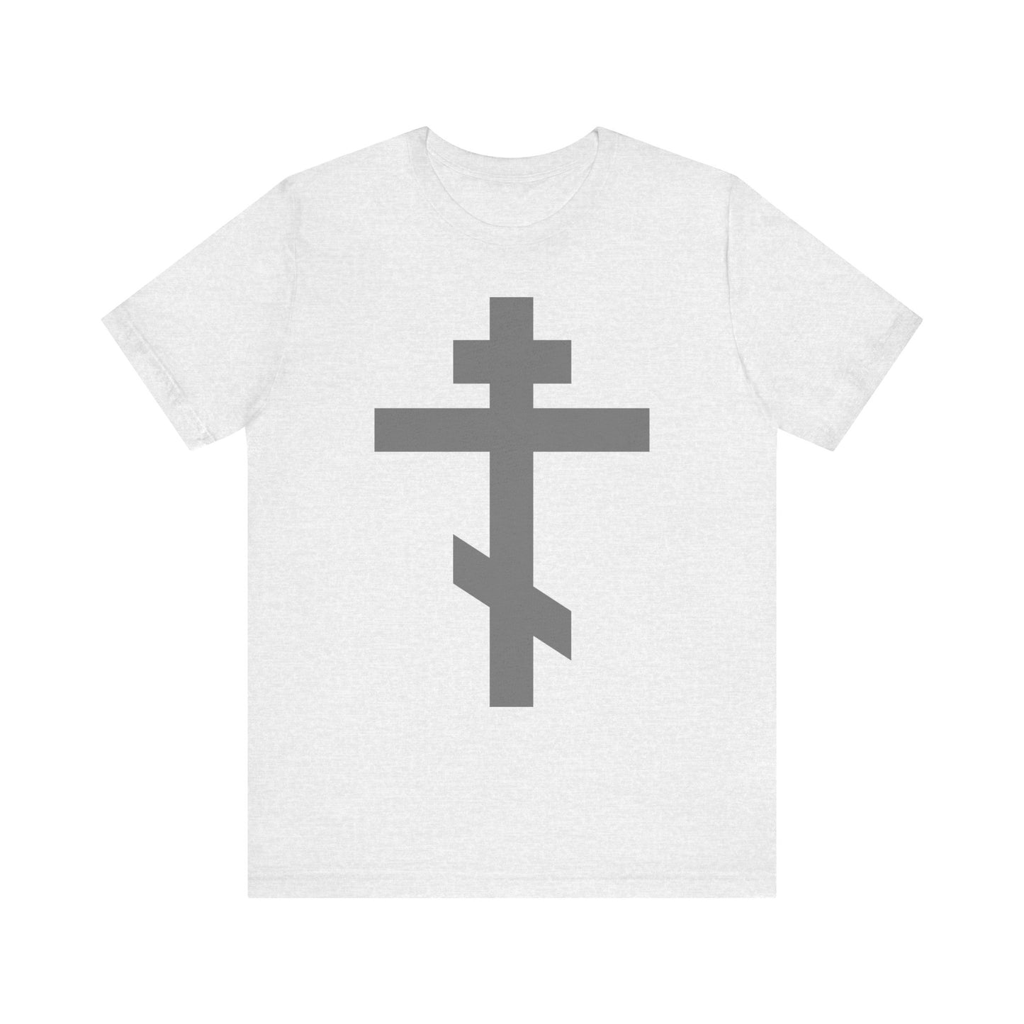 Ash-colored "Light Gray Orthodox Tribar Cross" unisex tee made from lightweight cotton, featuring a large gray Eastern Orthodox cross on the front with the inscription "Preserve Thy People By Thy Cross, O Lord" and "Christ is King," symbolizing Christ's suffering as reflected by St. John of Kronstadt.