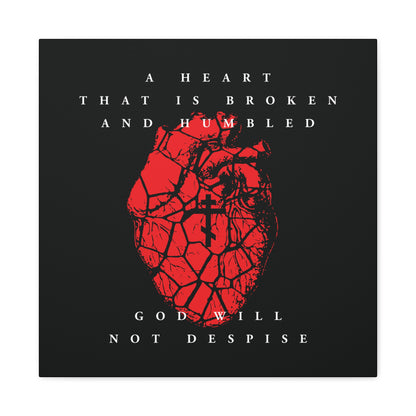 Cracked heart with Orthodox cross and white text: "A heart that is broken and humbled God will not despise." Christian canvas art inspired by repentance.