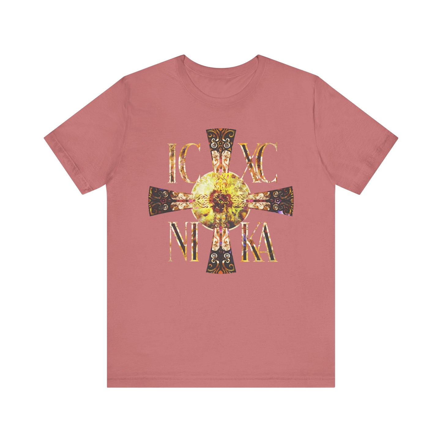 Mauve unisex tee featuring a Celtic-style equal armed gold cross and “IC XC NIKA” on the front, with a bright solar texture. Orthodox lightweight cotton design.