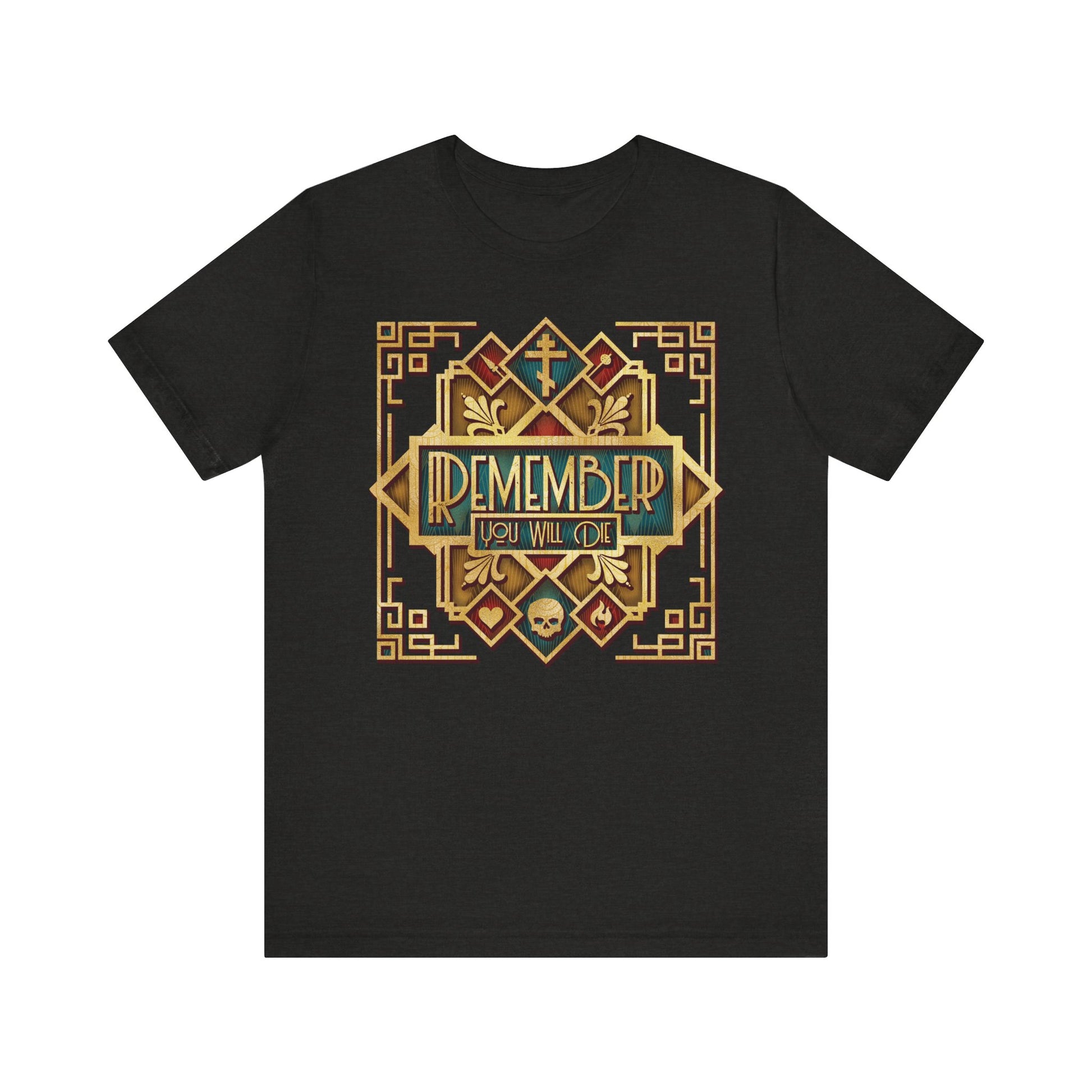 Black Heather t-shirt featuring the Remember You Will Die Classic Metallic Art Deco Design—a lightweight cotton unisex fit inspired by Orthodox Christian tradition, with bold gold, green, and red accents and a subtle skull motif, echoing Elder Ephraim’s message from The Art of Salvation to reflect on mortality in pursuit of eternal life.
