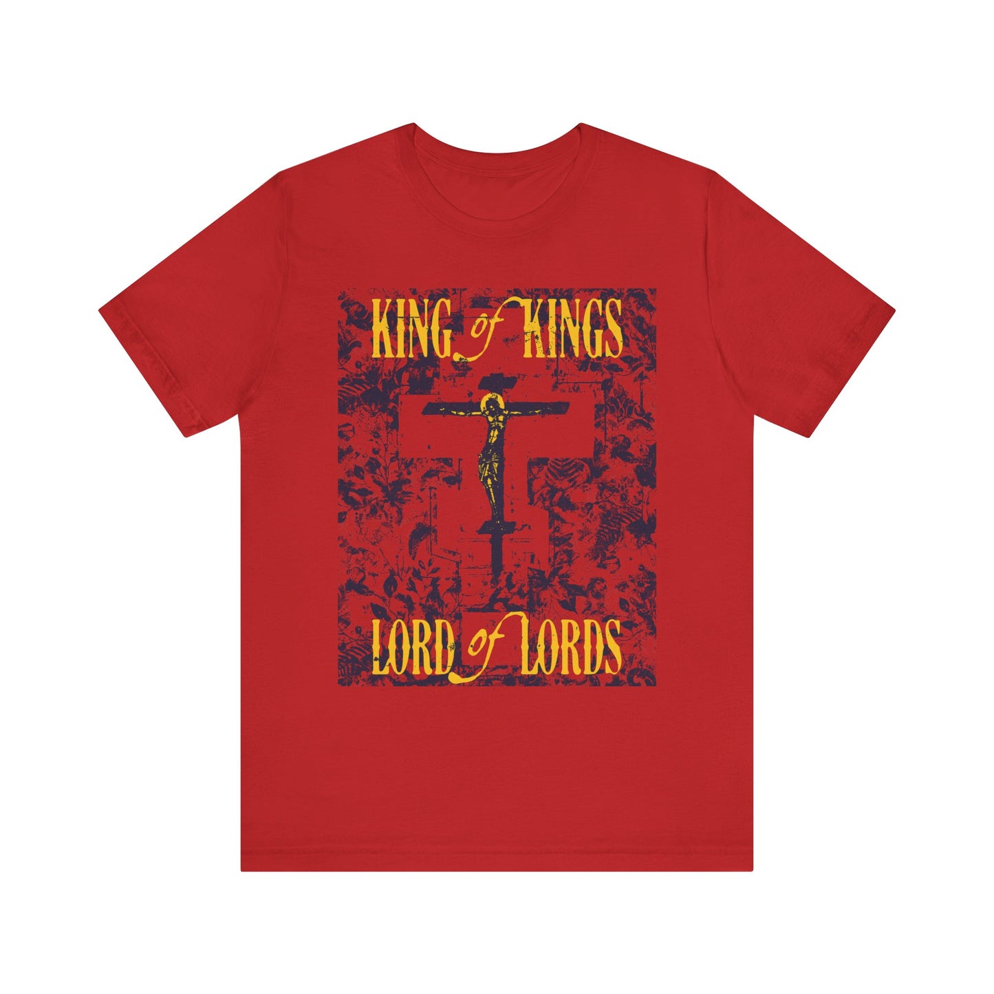 King of Kings, Lord of Lords | Christ Crucified Orthodox Icono-Graphic T-shirt—red lightweight cotton unisex design featuring a bold cross and the phrase “King of Kings, Lord of Lords” in striking yellow letters, inspired by the enduring power of Christ crucified and the Word of God.