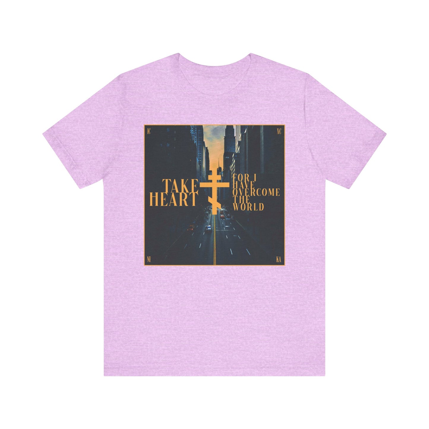 Take Heart, For I Have Overcome the World (John 16:33) | Redemptive Modern City Street Scene Design | Lightweight Cotton Unisex Tee