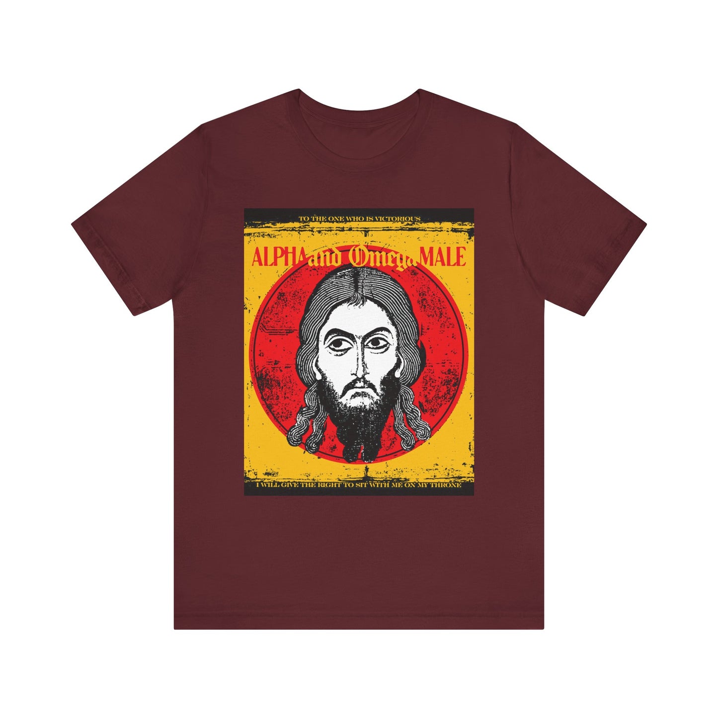 Maroon “Alpha & Omega Male” tee featuring Jesus Christ’s Image of Edessa, halo, and Orthodox iconography—a lightweight unisex cotton shirt celebrating victory in faith.