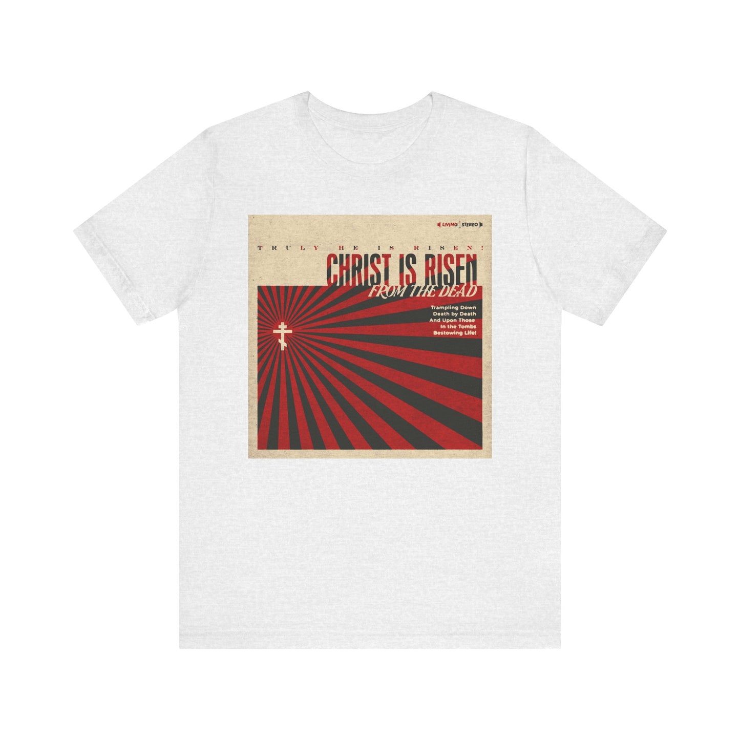 Ash-colored unisex tee with a retro LP cover design features “Christ is Risen from the Dead” Paschal Troparion in bold red and black—celebrating our Lord’s resurrection and victory over death. Lightweight Orthodox Christian cotton shirt.