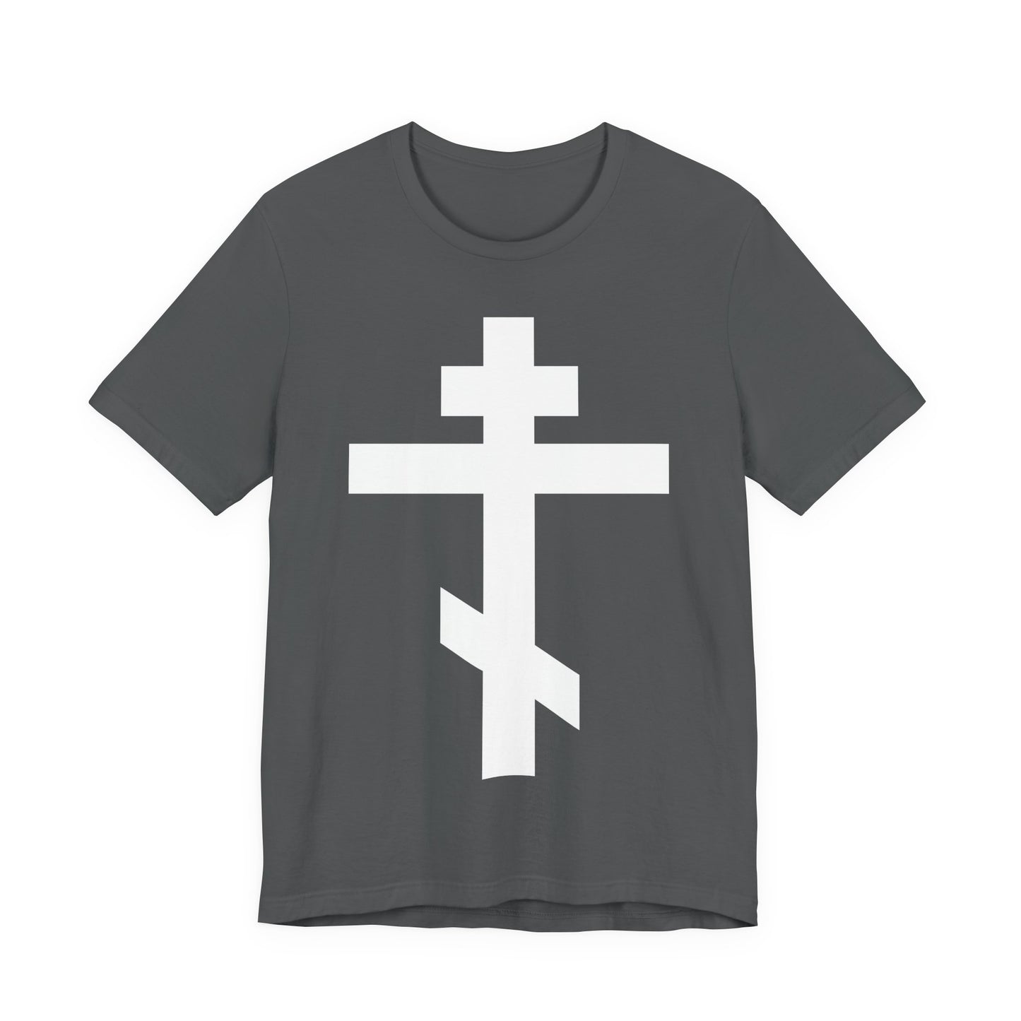 Asphalt-colored unisex tee with a bold white Orthodox Cross and Galatians 6:14: "May I never boast, except in the cross of our Lord Jesus Christ.